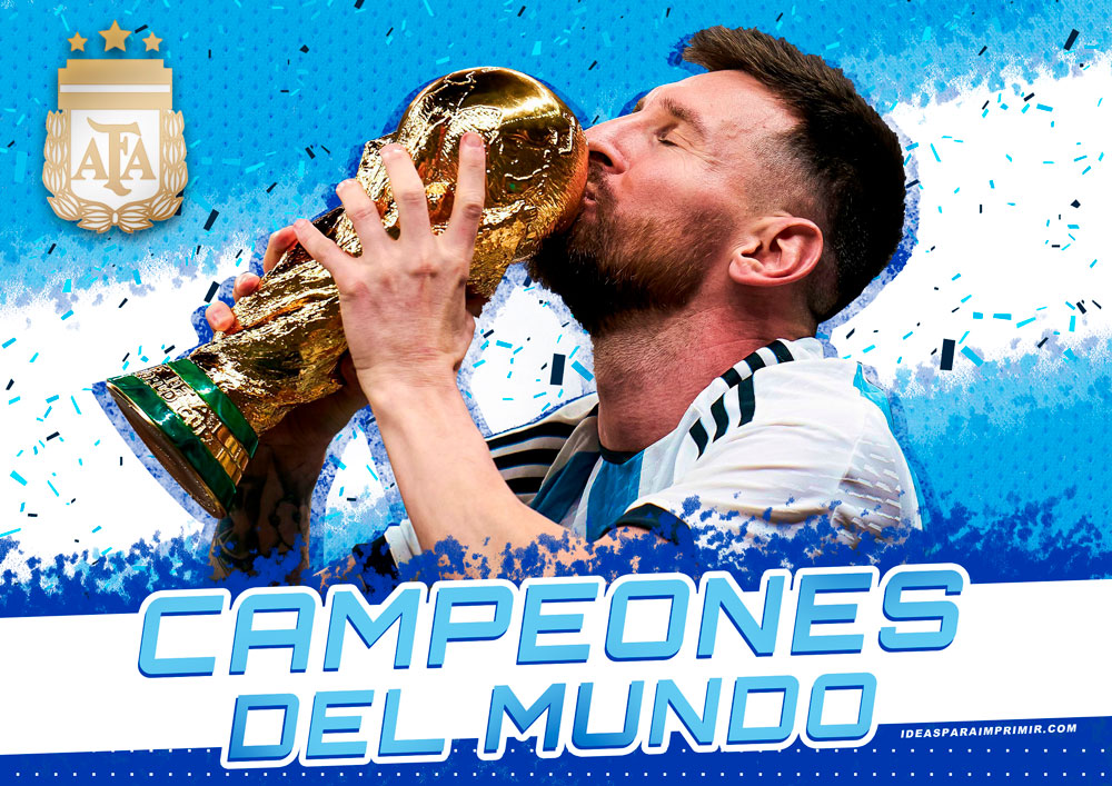 Poster Argentina Campeón del Mundo FIFA WORLD CUP Qatar 2022 con Lionel Messi y Escudo de AFA con 3 estrellas - Lionel Messi - Escudo AFA