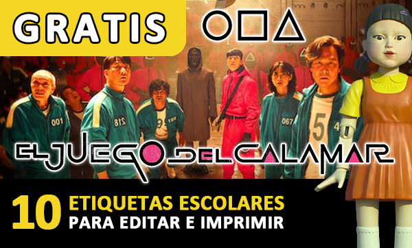 [+10] Etiquetas escolares de EL JUEGO DEL CALAMAR / SQUID GAME (GRATIS) para editar e imprimir!