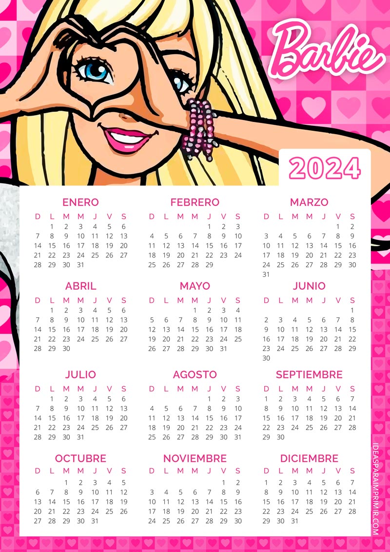 Calendario de Barbie 2024 para imprimir gratis