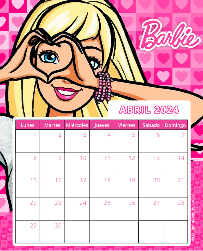 Calendario y planificador mensual de abril 2024. Calendario de Barbie 2024 para imprimir gratis