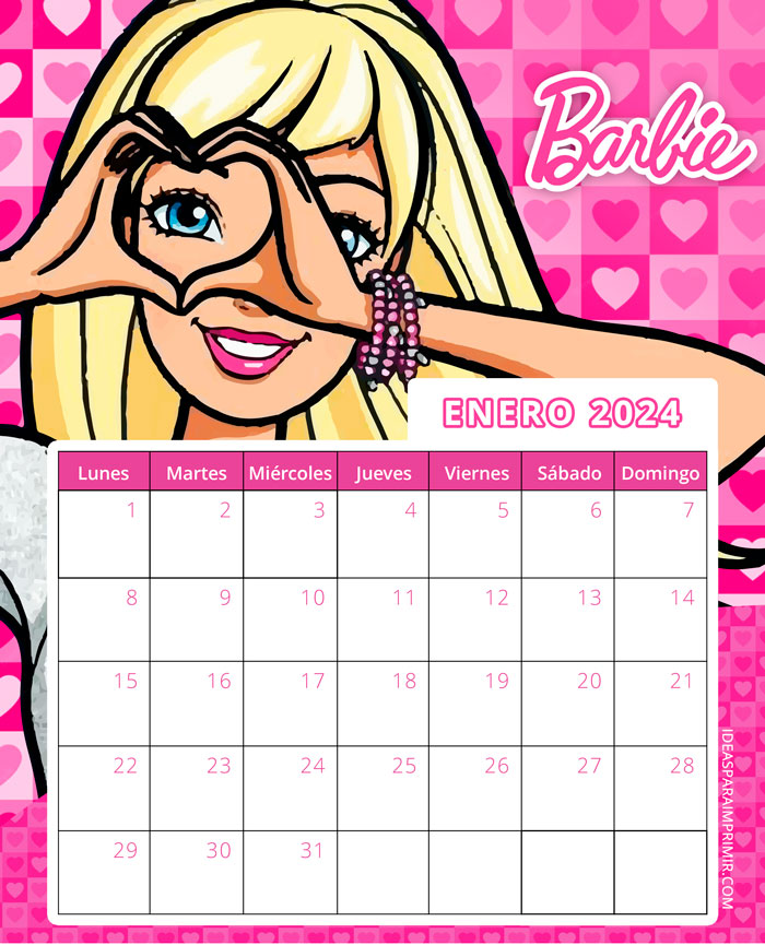 Calendario y planificador mensual de enero 2024. Calendario de Barbie 2024 para imprimir gratis