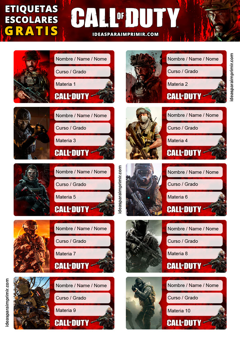Etiquetas escolares Call of Duty para editar gratis