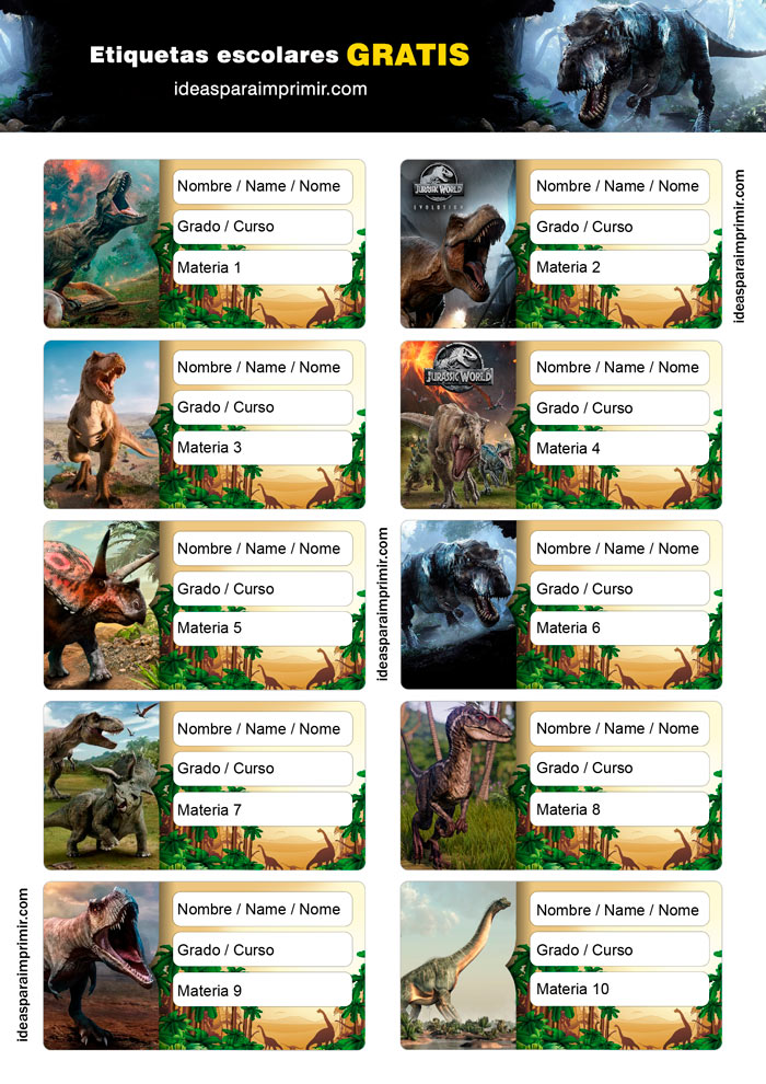 Etiquetas escolares Dinosaurios