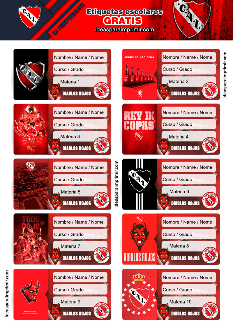 Etiquetas escolares Club Atlético Independiente para editar gratis