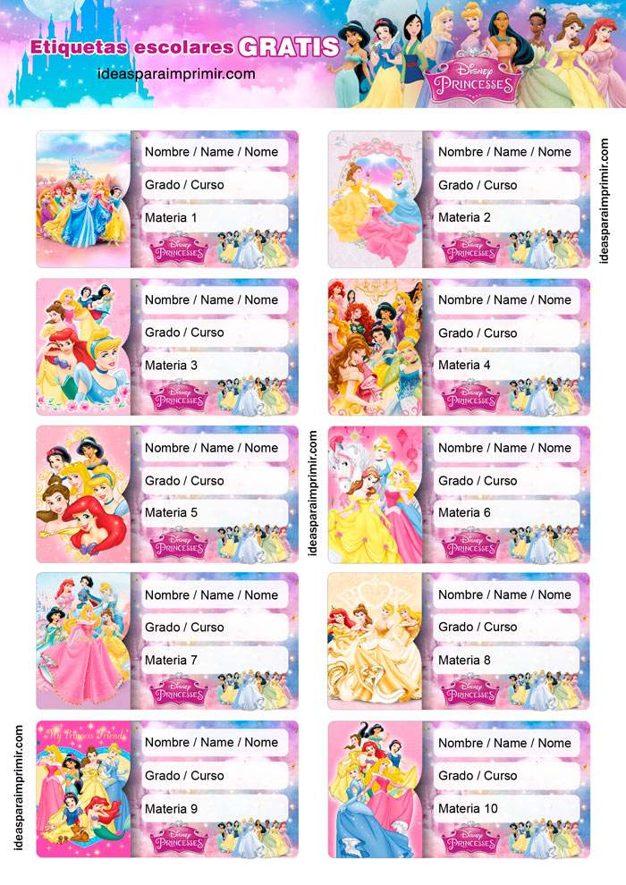 Etiquetas escolares Princesas de Disney