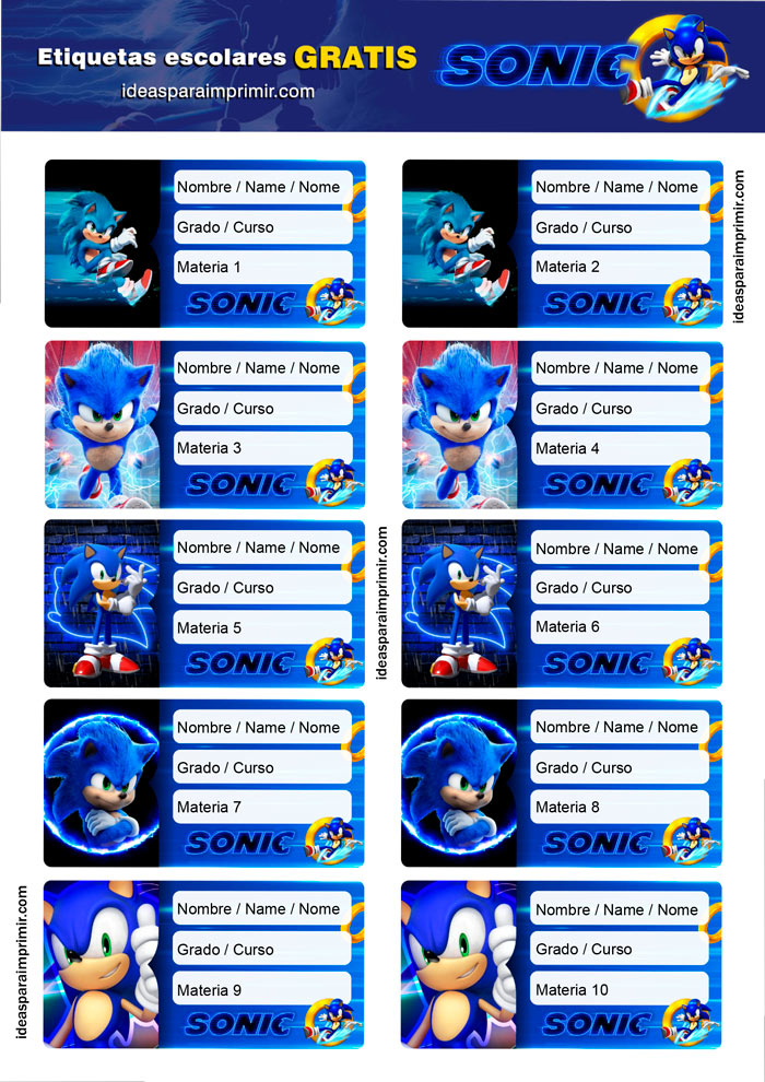 Etiquetas escolares Sonic