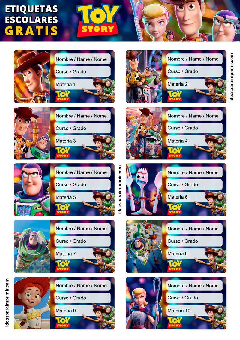 Etiquetas escolares Toy Story para editar gratis