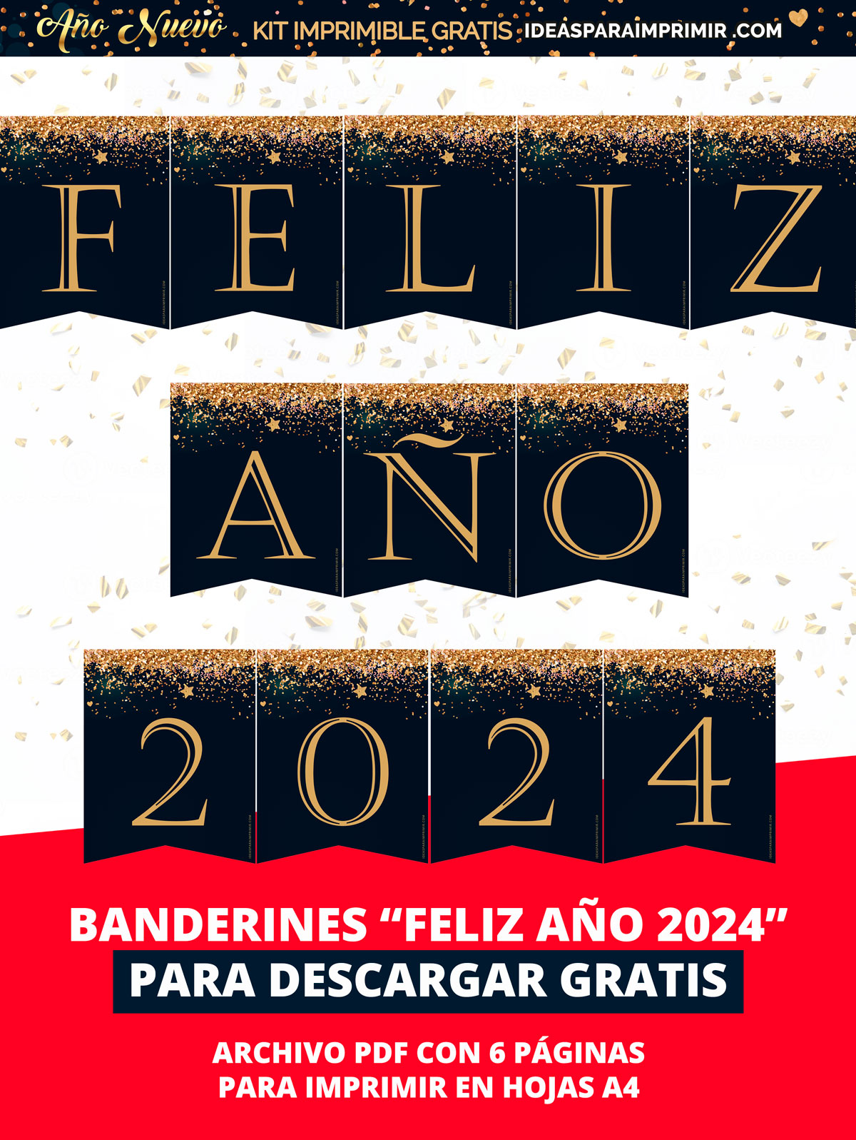 Banderines Feliz Año Nuevo 2024 para imprimir gratis