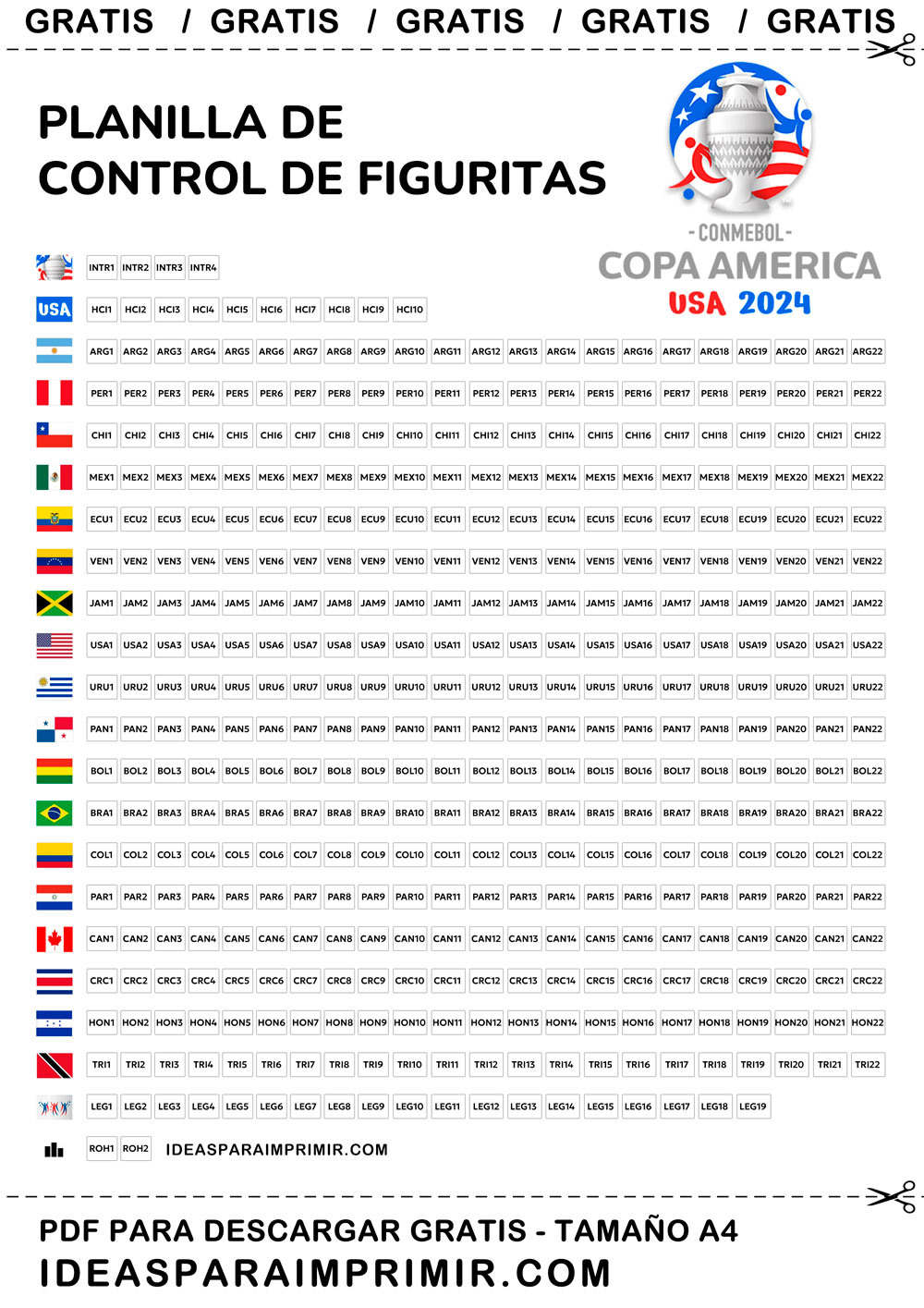 Planilla de control para las cromos del álbum CONMEBOL Copa América USA 2024en Blanco y Negro 