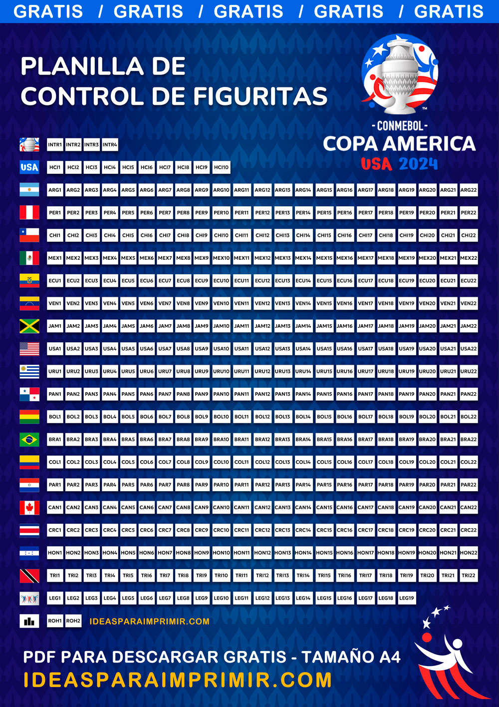 Planilla de control para las figuritas del álbum CONMEBOL Copa América USA 2024