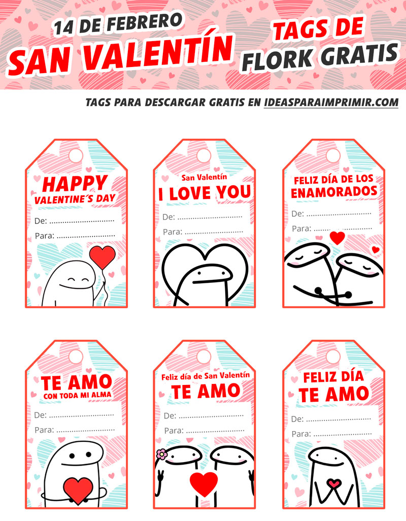 Tags de Flork para San Valentín con espacios en blanco para completar los nombres