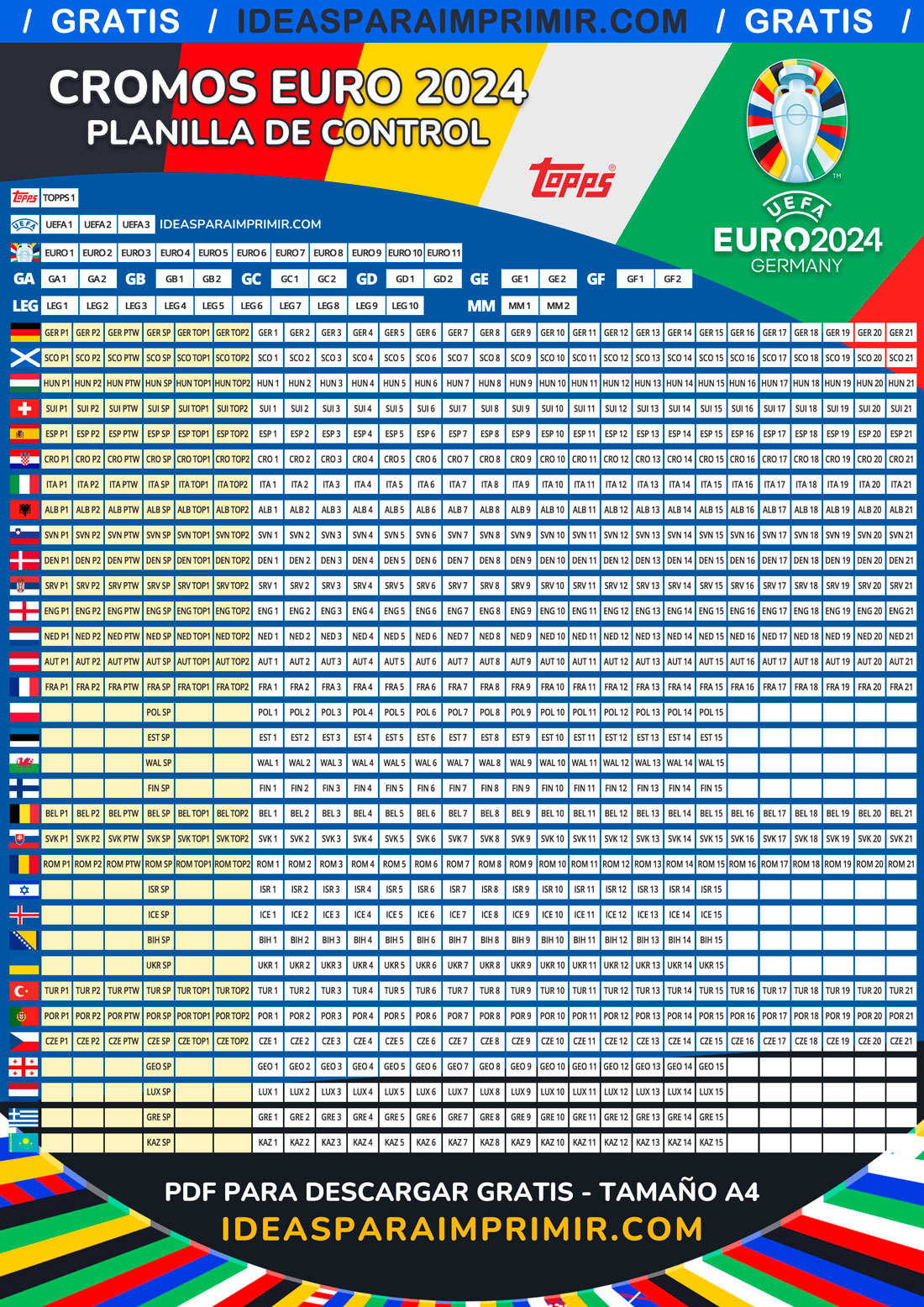 Planilla de control para las cromos del álbum UEFA EURO 2024 GERMANY