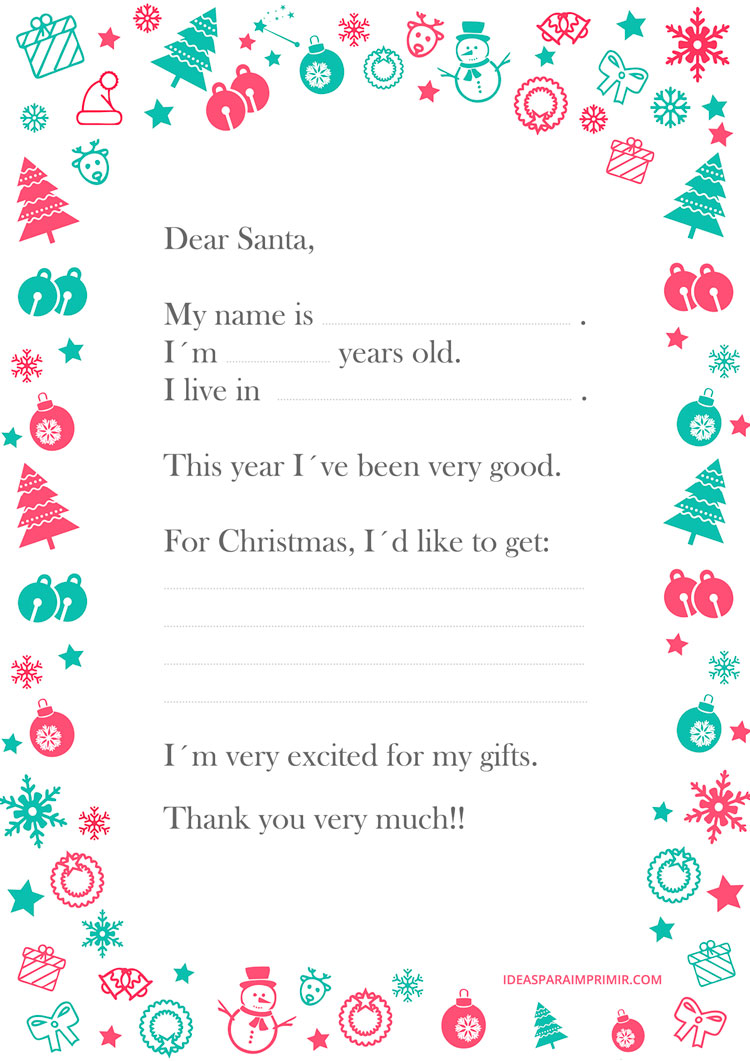 Free Christmas letter template to Santa Claus