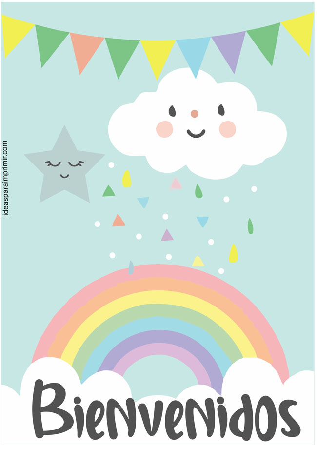 Poster o Cartel de bienvenida Lluvia de amor, nubes y arcoíris