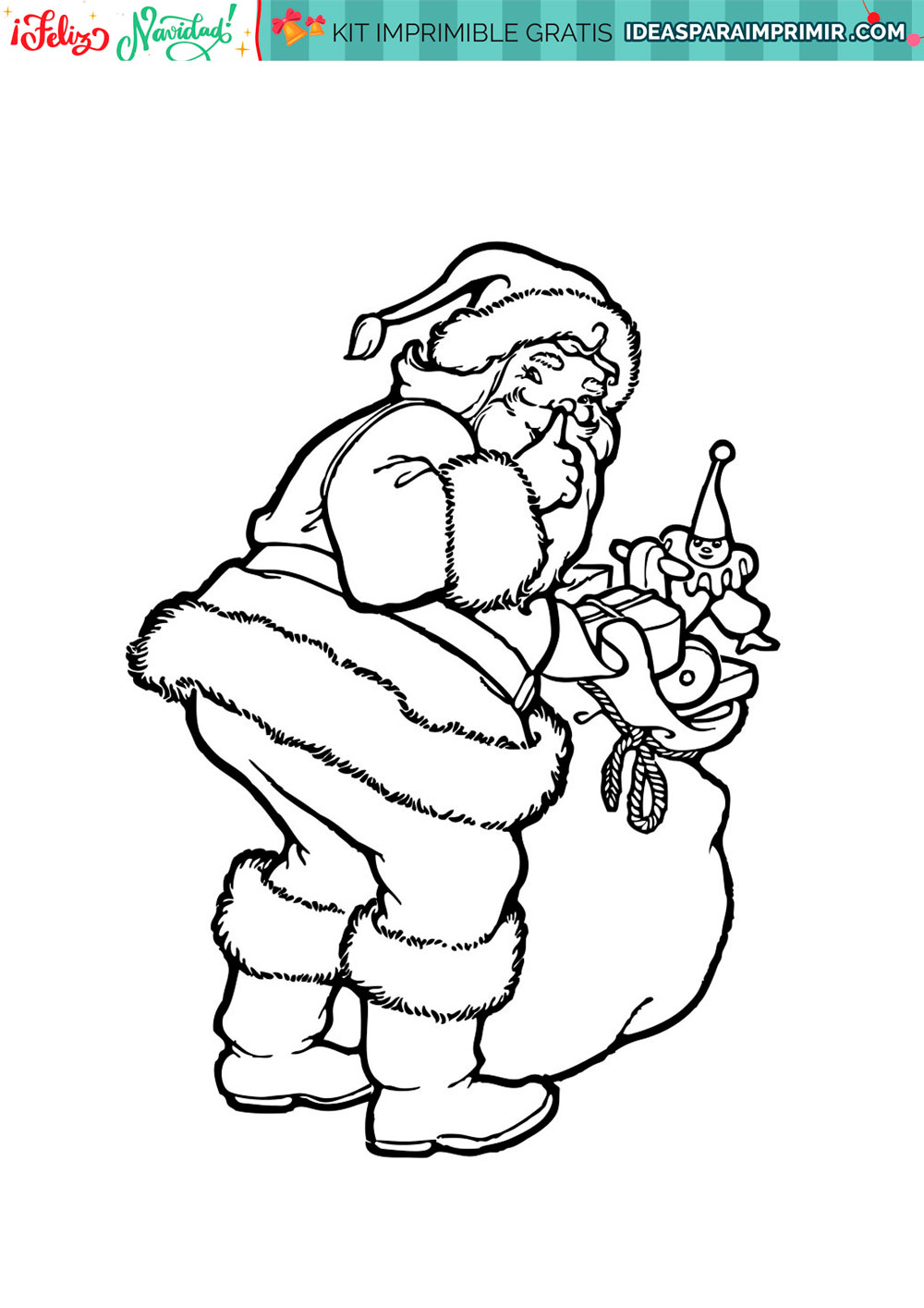 Dibujos para colorear Santa Claus con la bolsa de regalos