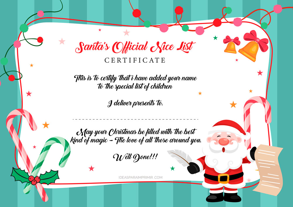 Free Santa official nice list certificate to print