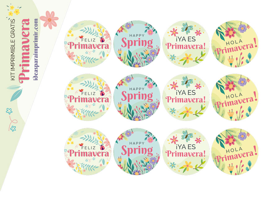 Etiquetas, stickers autoadhesivos con frases Día de la primavera