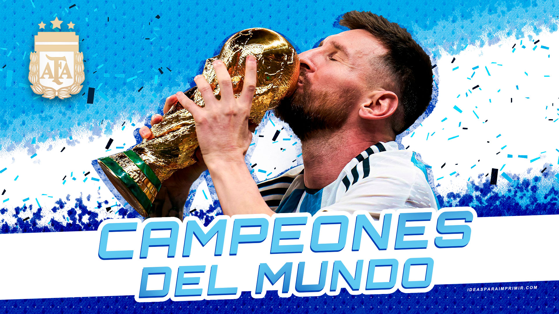 Wallpaper de Messi sosteniendo la copa del mundo. Argentina Campeones del mundo. FIFA World Cup Qatar 2022 - Lionel Messi - Escudo AFA