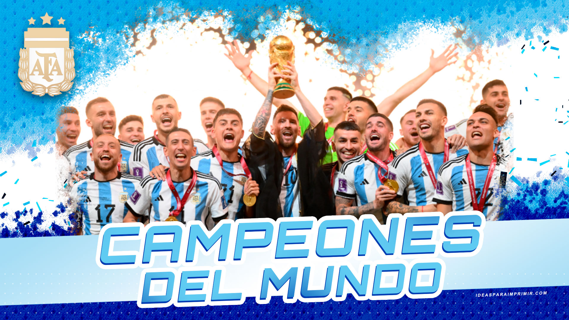Wallpaper de selección Argentina de fútbol Campeones del mundo, FIFA World Cup Qatar 2022 - Lionel Messi - Escudo AFA